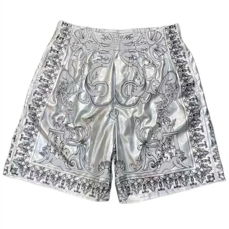 Calça de praia reta seca rápida masculina, short casual elástico, estampado com padrões na moda metal prata, novo estilo, verão