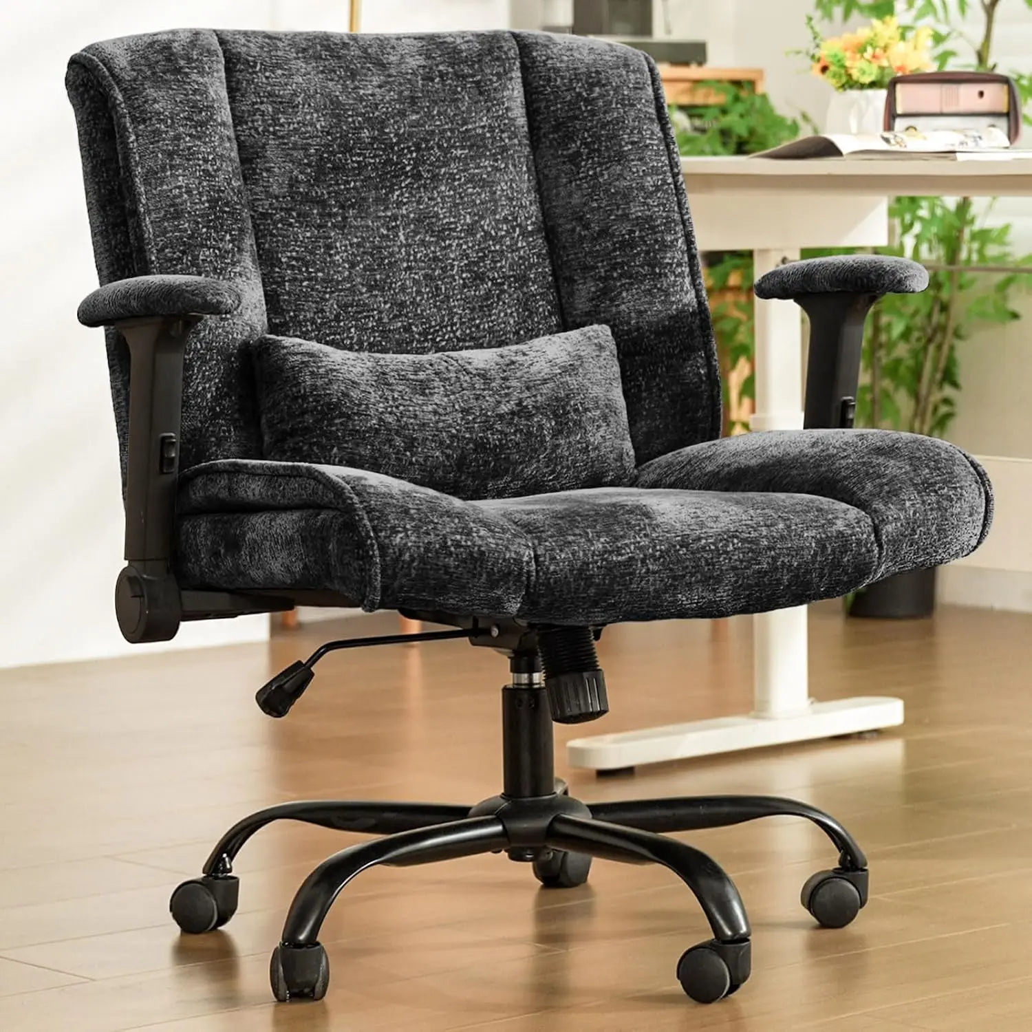 Wide Cross Legged Office Chair Wheels Flip Arms Adjustable Tilt Lumbar Support Home Office Bedroom Black, Customized