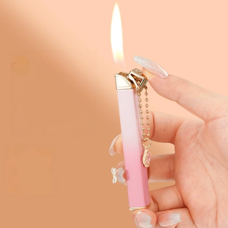 New Women's Fashion Hanging Chain Inflatable Lighter Mini Metal Outdoor Open Fire Portable Lighter Smoking Gift