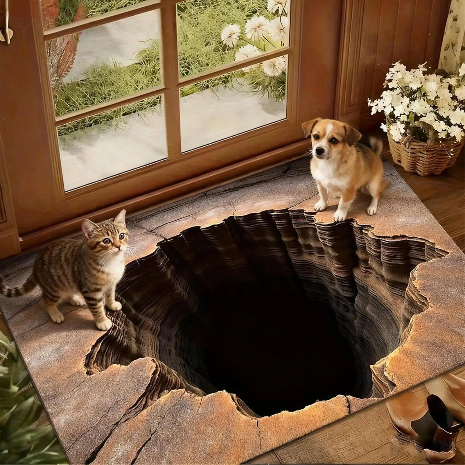 3D Hole Illusion Rug Realistic Cave Floor Rug Unique Optical Illusion Rug for Living Room Fun Novelty Home Decor Popular Rug