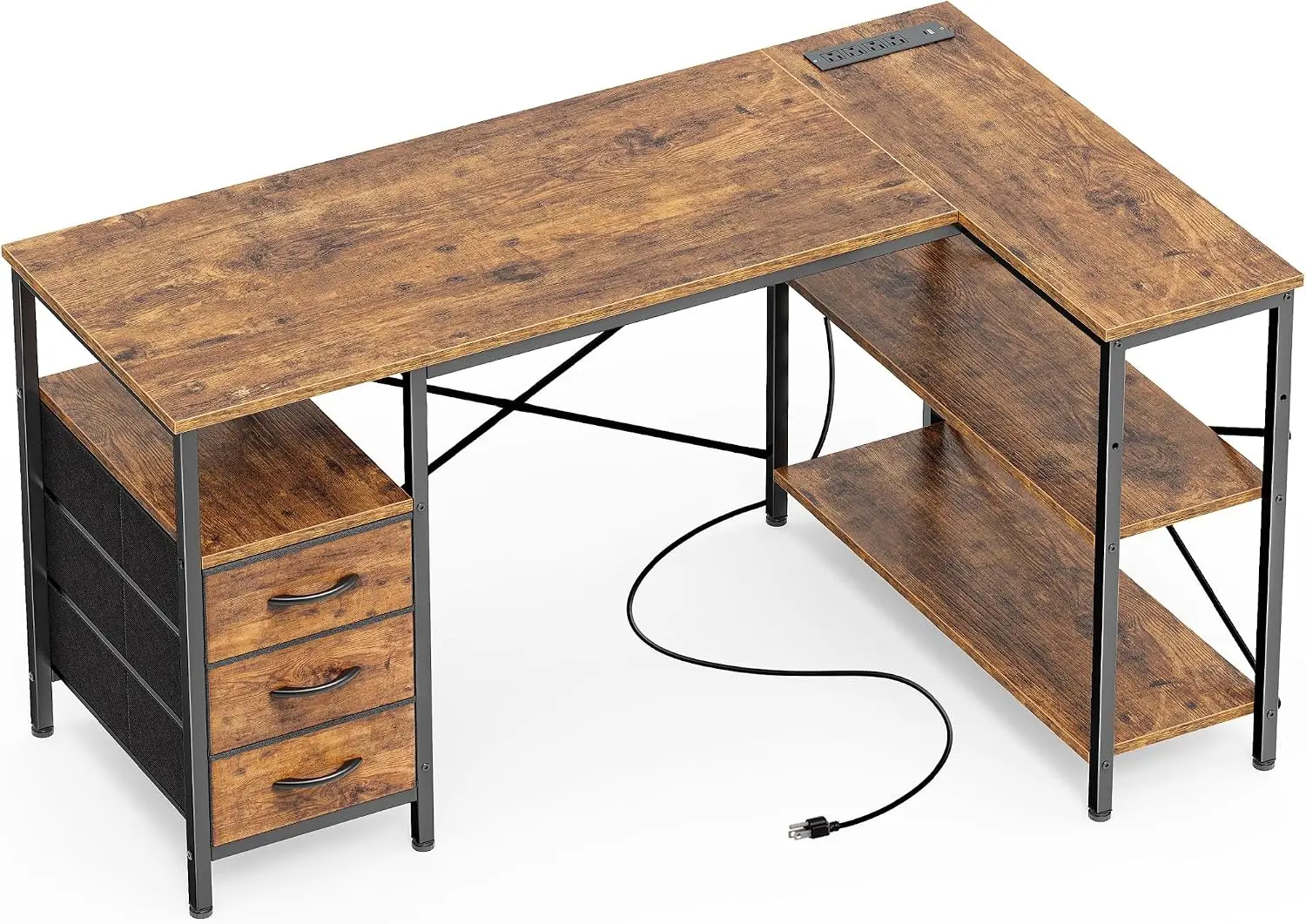 L Shaped Office Desk with Power Outlets & 3 Drawers 47 Inch Computer Desk with Shelves, for Gaming, Corner Work, Home Office, Study, Rustic Brown