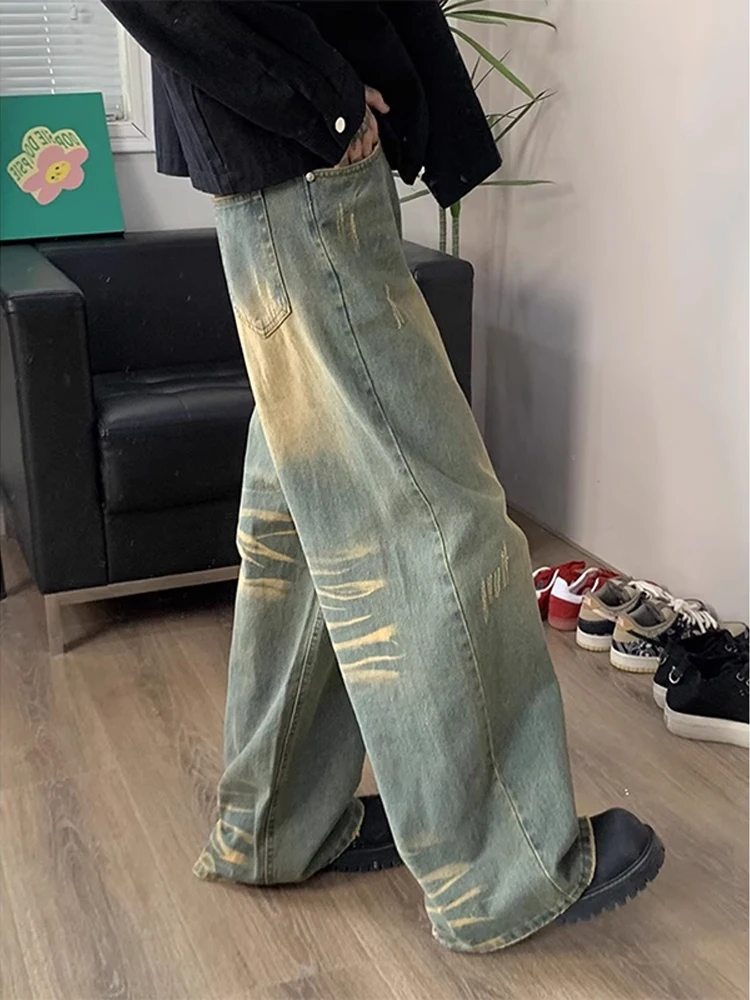 

Retro Waed American High Street Straight Leg Men's Jeans Vibe Water Wave Texture Loose Micro Flared Pants Youth Faion