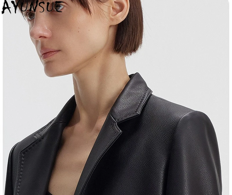 AYUNSUE リアルシープスキン本革ジャケット女性 2025 春秋服ミッドレングススーツコートファッション Jaqueta デ Couro