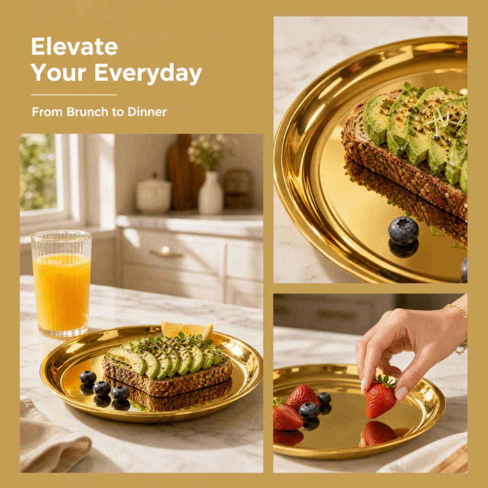 Stainless Steel Round Plate Shallow Tray Easy Clean Flat Stainless Steel Dining Dish Rustproof Baking Cake Plate Restaurant