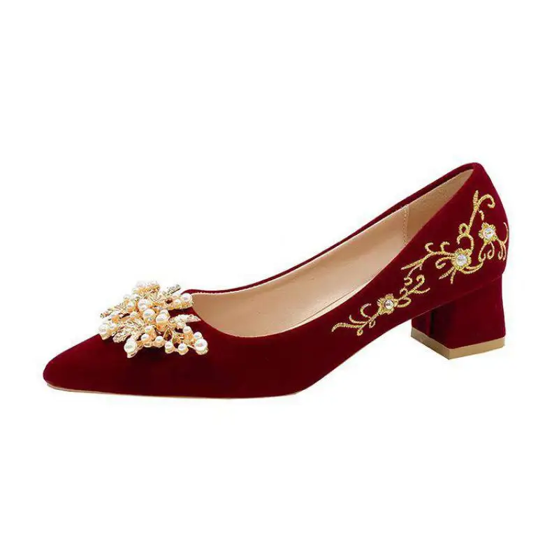 34-40 Women High Heels Pumps Spring Autumn Ladies Platform Wedding Shoes Female Chunky Pointed Toe Chinese Style Red Zapatos Y51