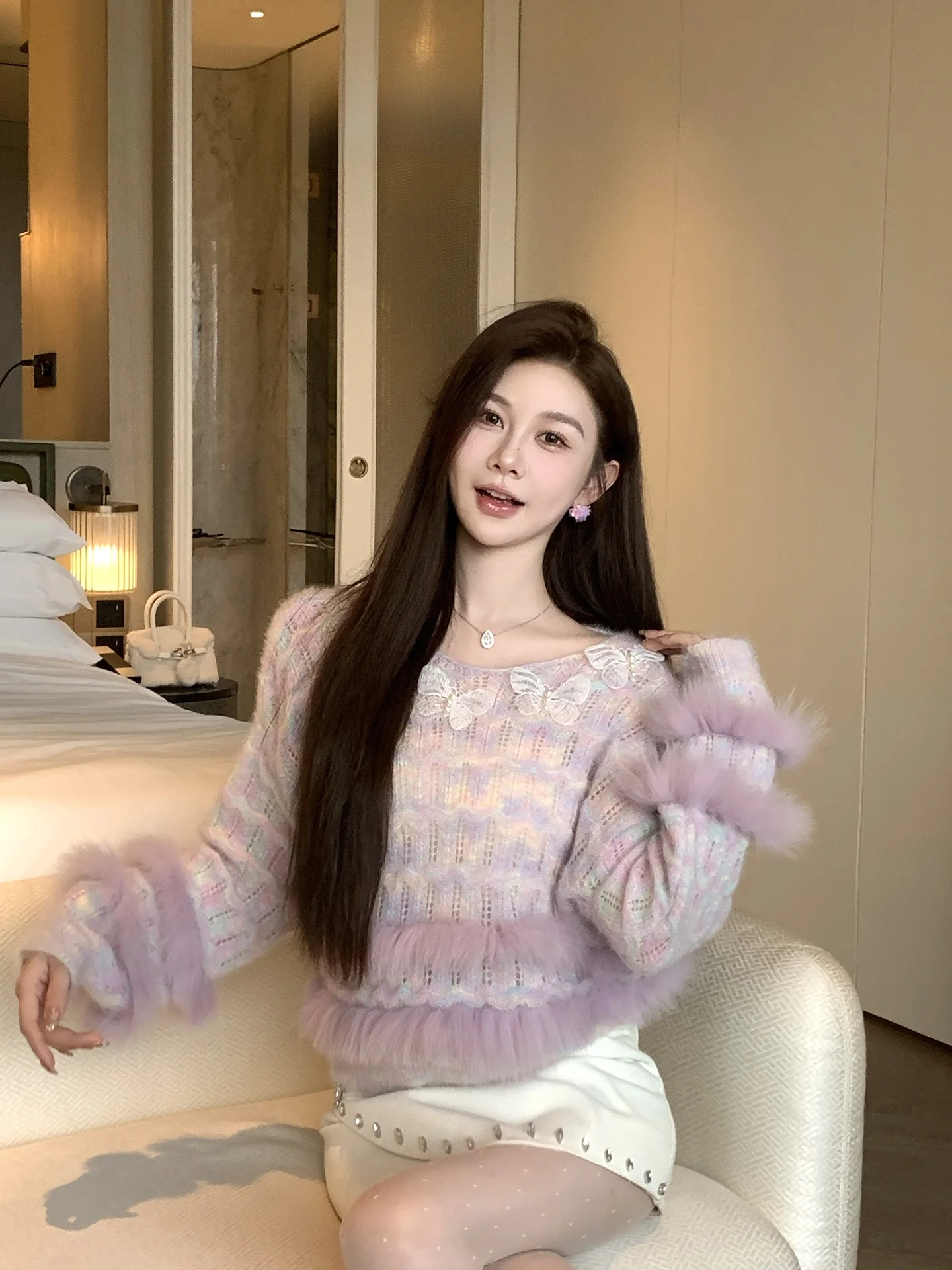 

AZZHEN T Heavyweight Knitwear Fur Trim Women's Sweater Casual Comfortable Warm Autumn Winter Top