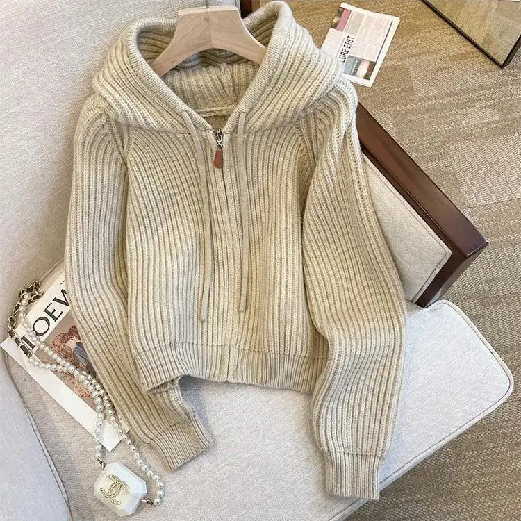 

2024 Women's Spring Autumn New Long-sleeved Knit Coats Female Short Hooded Cardigan Jackets Ladies Solid Sweater Overcoats Z540