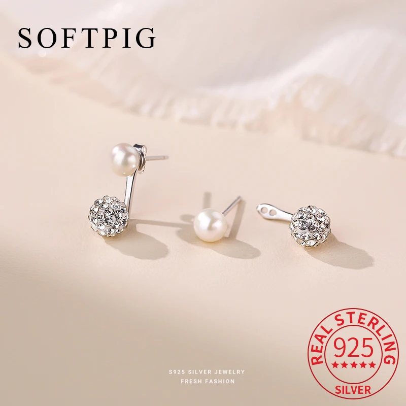 SOFTPIG Real 925 Sterling Silver Pearl Full Zircon Ball Stud Earrings for Women Classic Fine Jewelry Light luxury Accessories