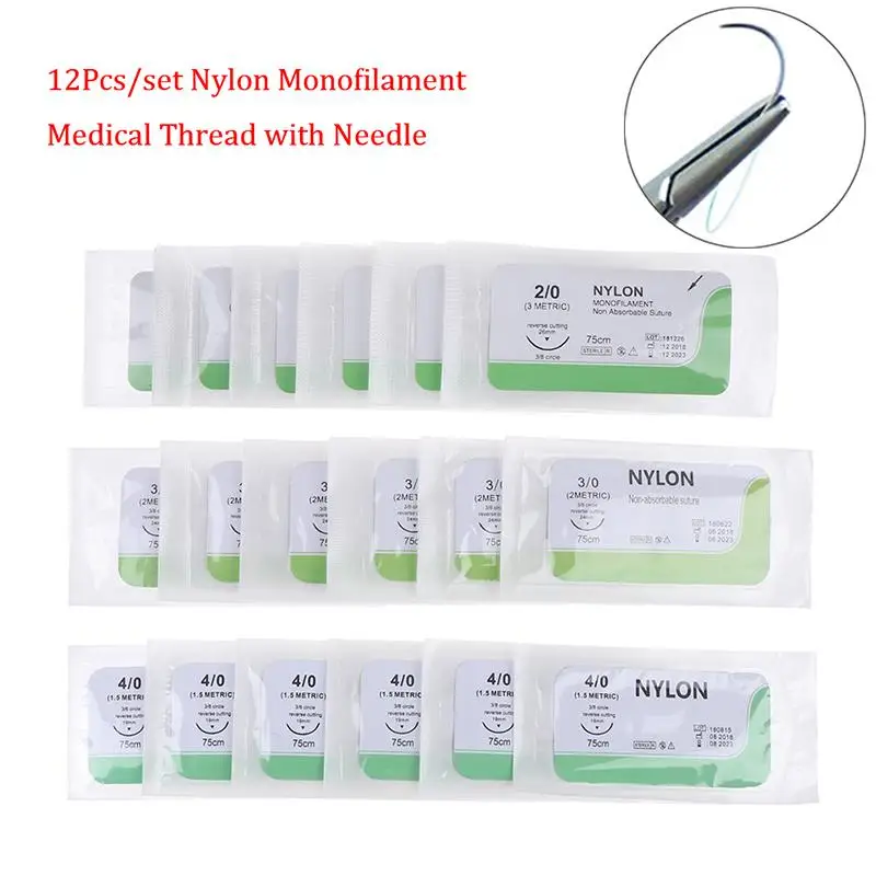 12Pcs Sterile Nylon Suture Thread with Needle Surgical Practice Kit