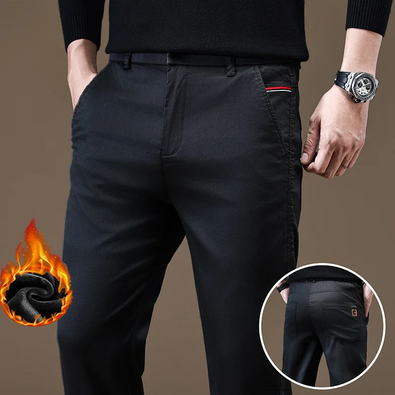 

Men New Autumn Winter Thermal Straight Leg Slim Fit Trousers Fashion Snow Warm Plush Fleece Business Daily Dark Gray Pants