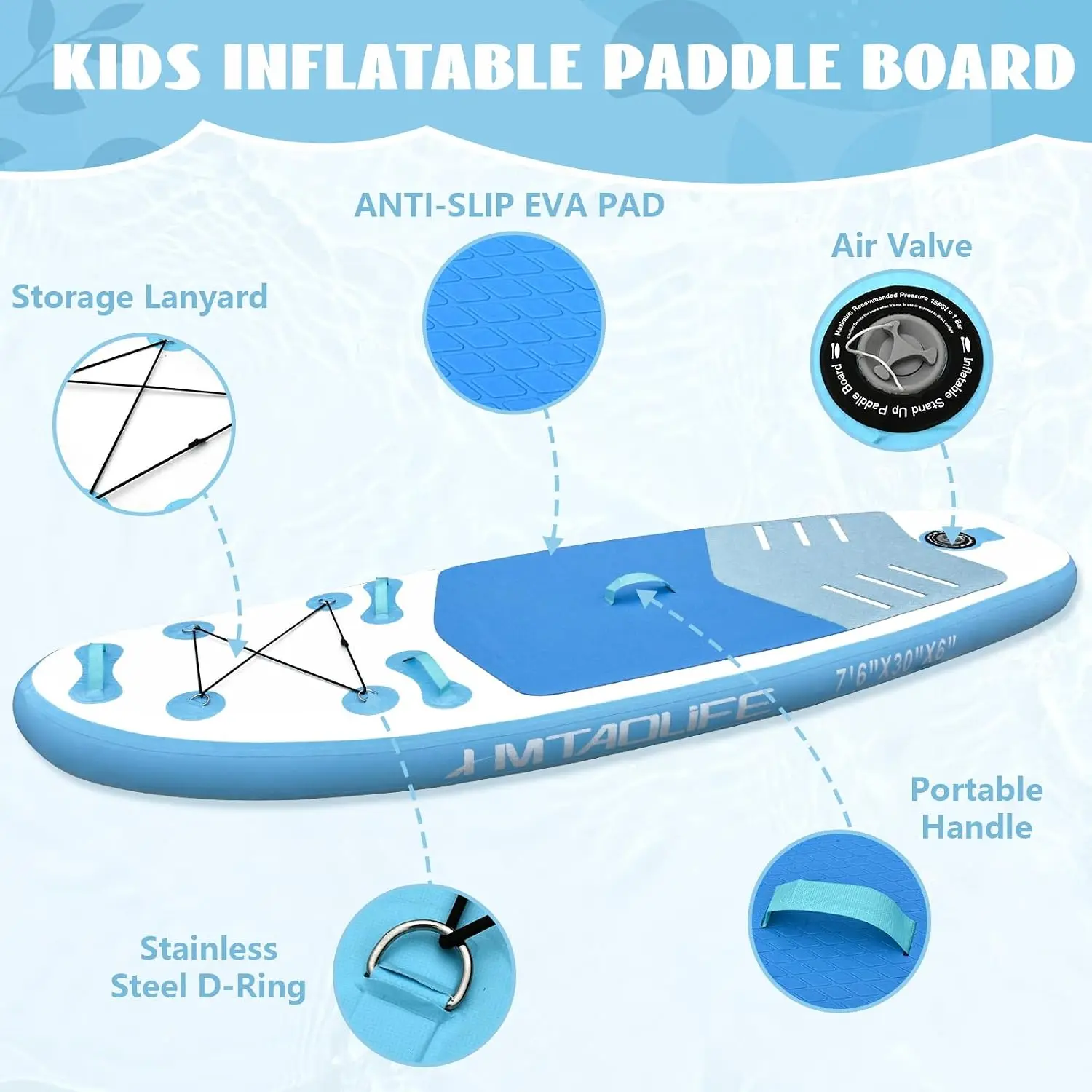 Kids Inflatable Stand Up Paddle Board, Kids Paddle Board with SUP Accessories, Anti-Slip EVA Deck, 7'6''Child SUP for Kids