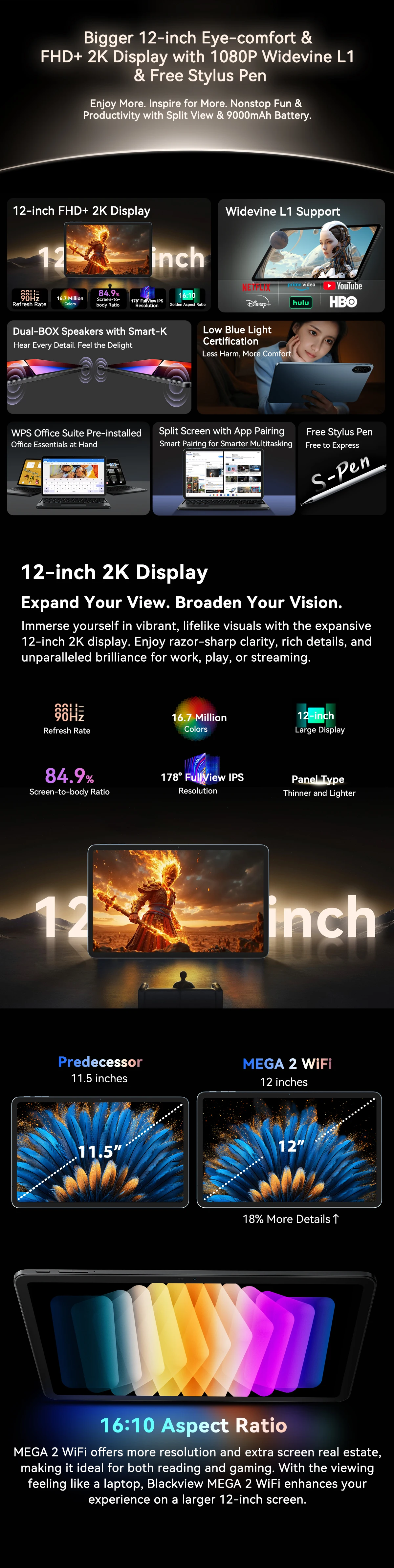 Blackview MEGA 2 Wifi Tablet PC 12'' 2K FHD+ Display Unisoc T615 12GB RAM 256GB ROM 9000mAh Battery 16MP Android 15 Tablets