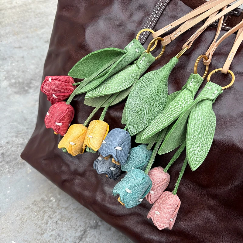 Cow Leather Tulip Flower Shaped Bag Pendant Car Keychain Hand Rope Women Bag Accessories New Elegant Hand Bag Charm Rope