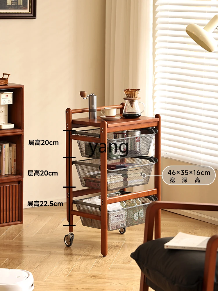 Yjq Trolley Rack Sofa Side Table Solid Wood Movable Tea Table with Wheels Boxwood Dining Car