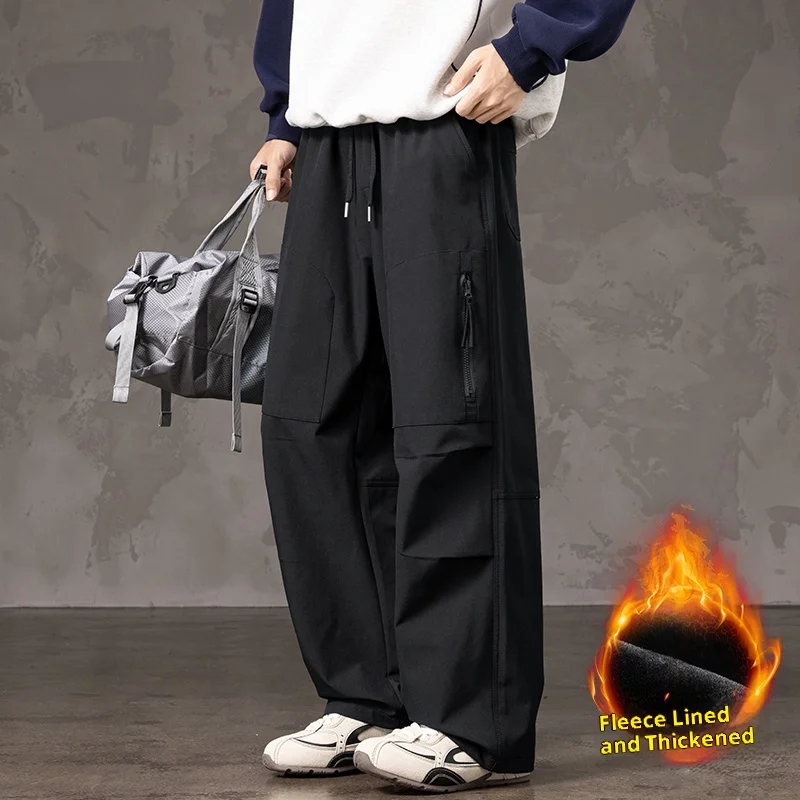 メンズ フリース裏地付き 厚手 カーゴ ワイドレッグ パンツ 複数のポケットとジッパーのデザイン、ストリートスタイル、ゆったりフィット、スリムフィット、冬の暖かさと耐寒性、ブラック どんなスタイルにも万能、日常の外出に最適