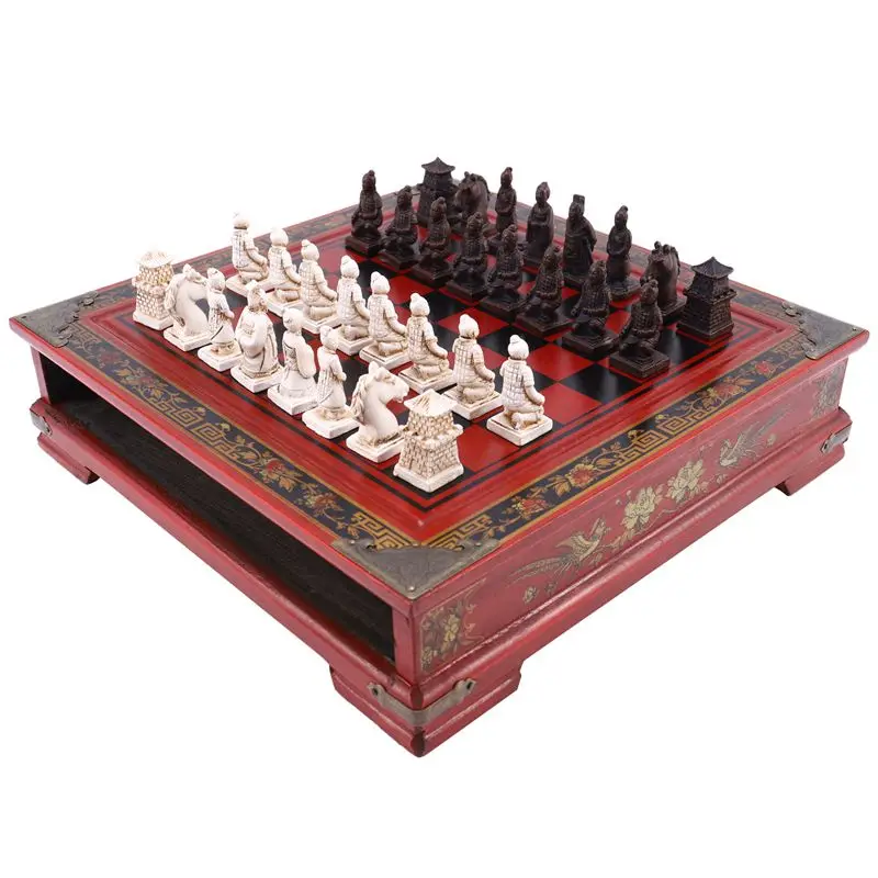 Wood Chess Chinese Retro Terracotta Warriors Chess Wood Do Old Carving Resin Chessman Christmas Birthday Premium Gift