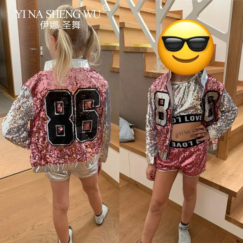 Jazz Dance Costume Girls Pink Sequin Crop Tops Shorts Jacket Hip Hop Clothes Children's Day Jazz Dance Stage Performance Costume