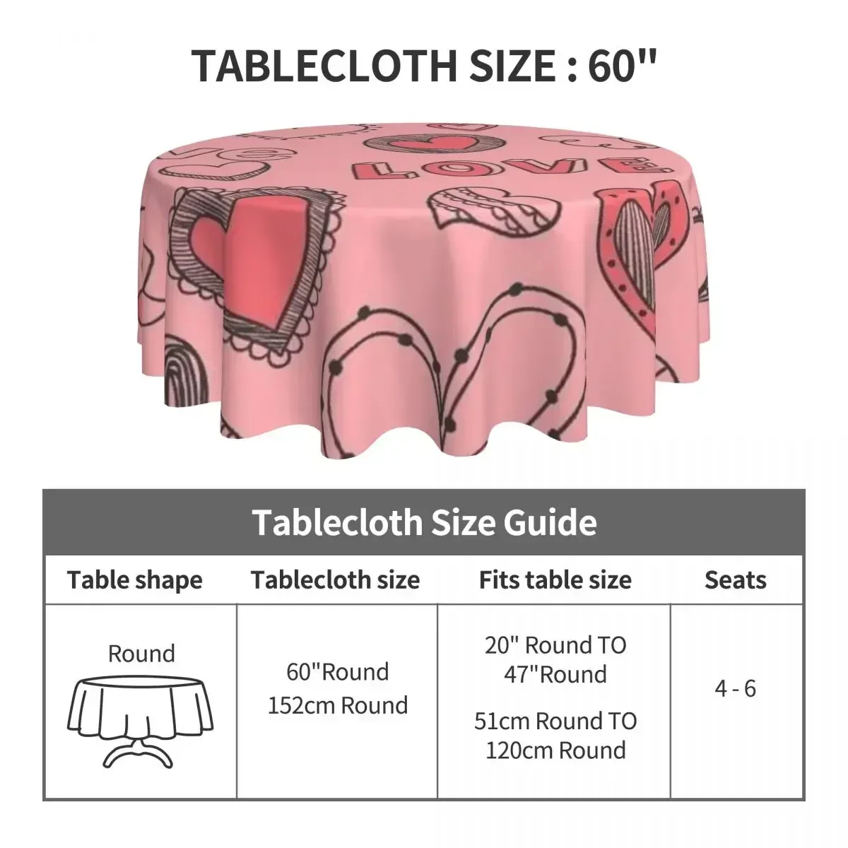 XS Valentine's Day Tablecloth Pink Love Graffiti Outdoor Round Table Cover Kawaii Design Table Cloth For Home Picnic Events