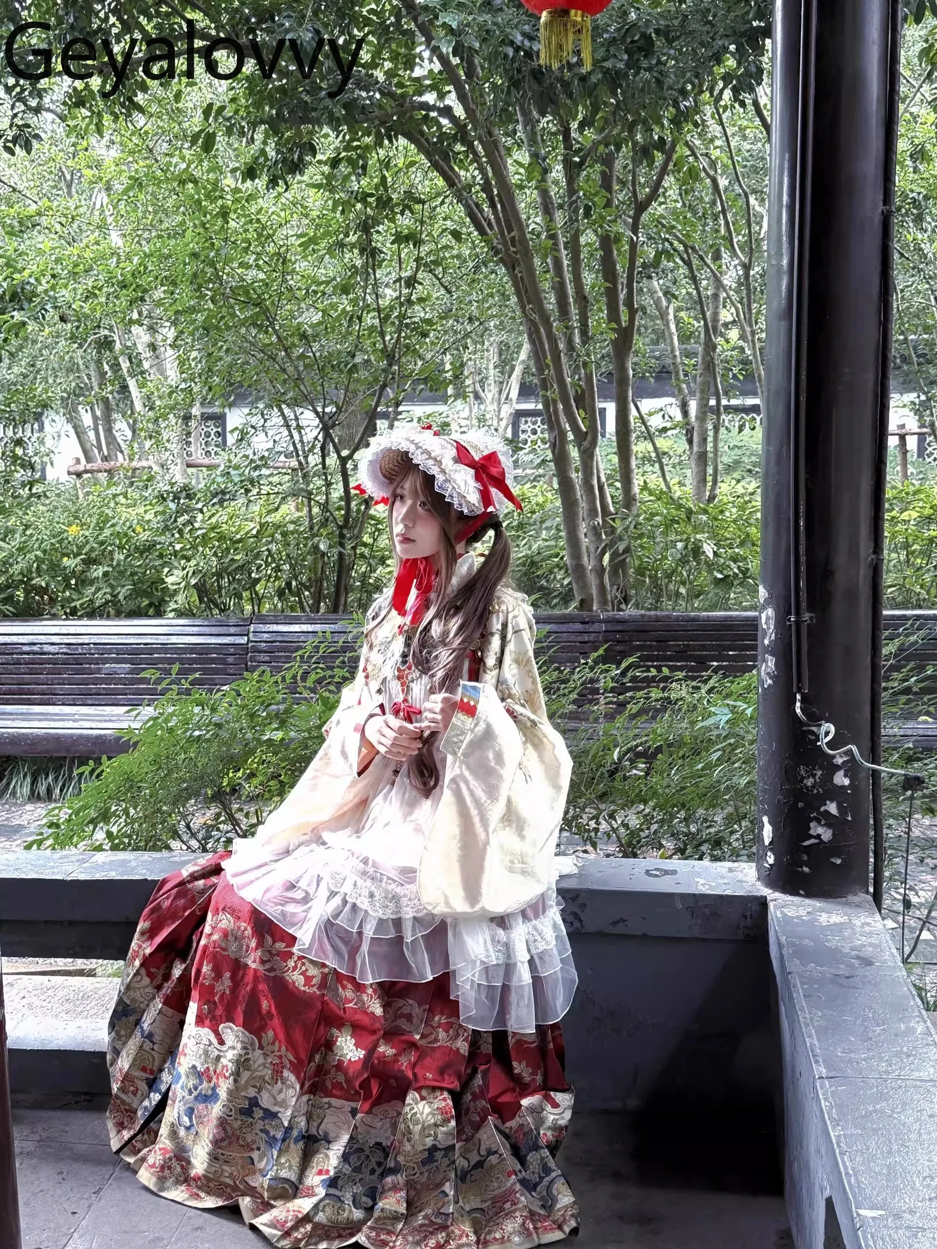 Trajes de estilo chino Otoño Invierno Arco diario Top rojo y falda larga estampada de cintura alta conjunto versátil de Lolita dulce para niñas