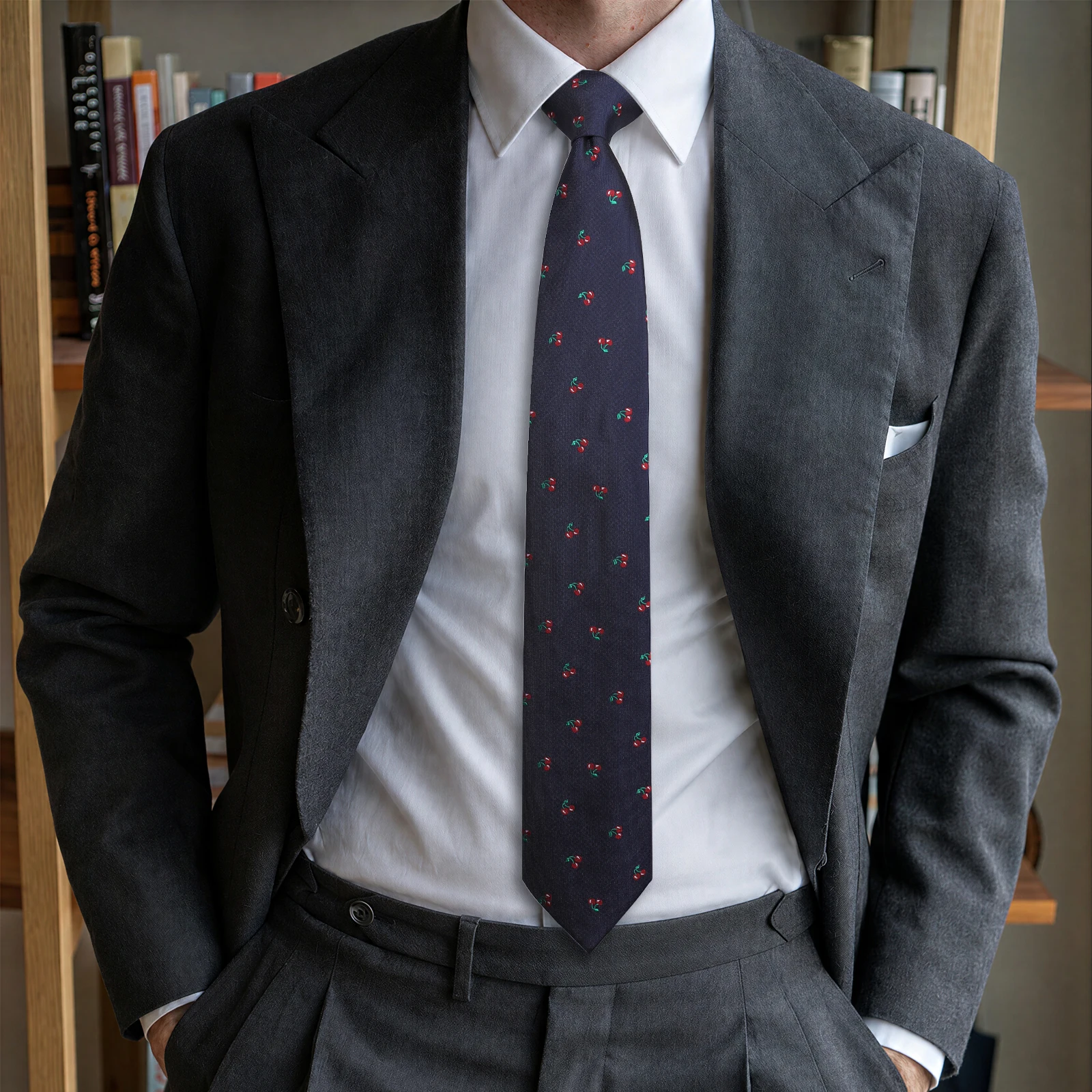 Men Navy Novelty Jacquard Necktie Collection, Cherry Pumpkin Shark Bee Swan Car Planet Plane Pattern Formal Suit Neck Ties