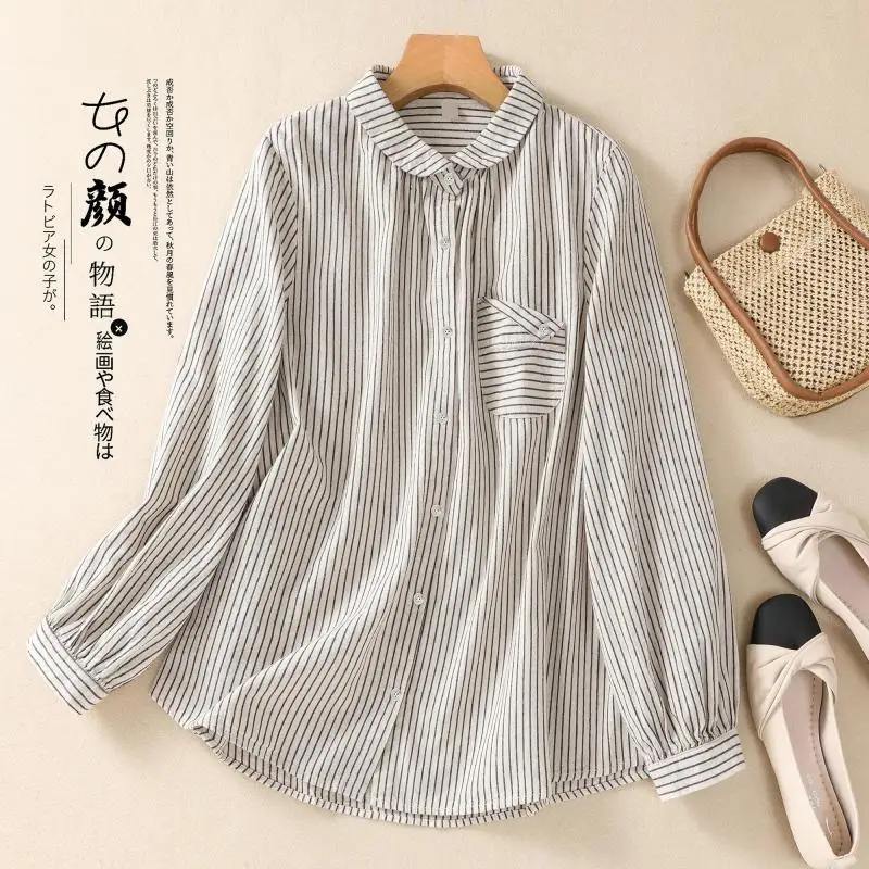 

New Spring Autumn Women Long Sleeve Peter Pan Collar Casual Shirts Striped Cotton Linen Single Breasted Casual Blouse Female