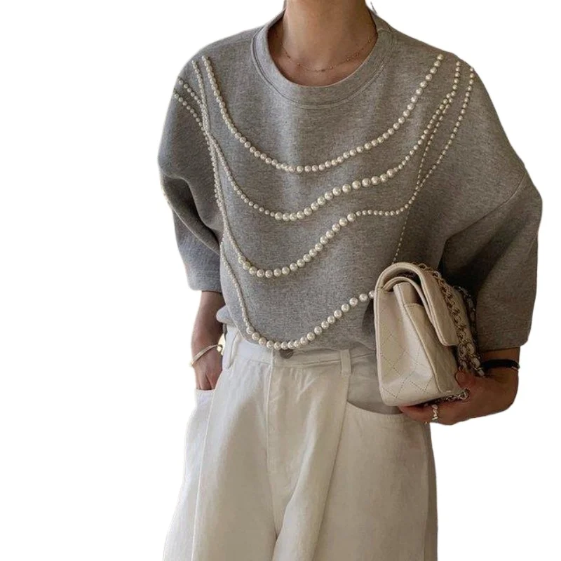 Ins Round Neck Loose Exquisite Beaded Short Sleeve Fashion T-shirt Sweater Spring and Autumn Temperament Commuter Top Beautiful