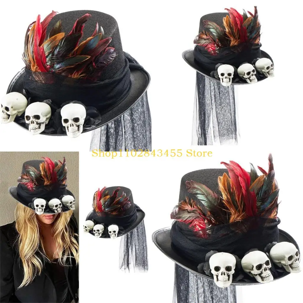 49MC Halloween Magicians Top Hat Skull Halloween Feather&Veil Decors Witches Hat Hot Girl Role Play Tool Medieval Period Hat
