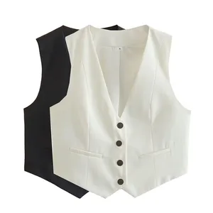 خمر نمط الخامس الرقبة بلا أكمام سترة أنيقة أزياء الأسود والأبيض سترة زر قصيرة للنساء أعلى 10 ملابس نسائية مبيعة 80 90 - No8