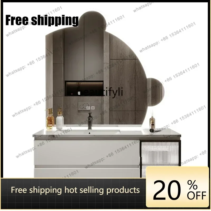 Factory Direct  Oak Stone Plate Bathroom Cabinet Combination Modern Light Luxury Floor Bathroom Wash Face Wash Inter-Platform Ba
