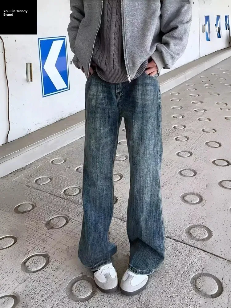 

Retro Blue Bamboo Node Men's Jeans Flared High Street Slim Straight Leg Winter Vibe Style American Straight Tube Pants