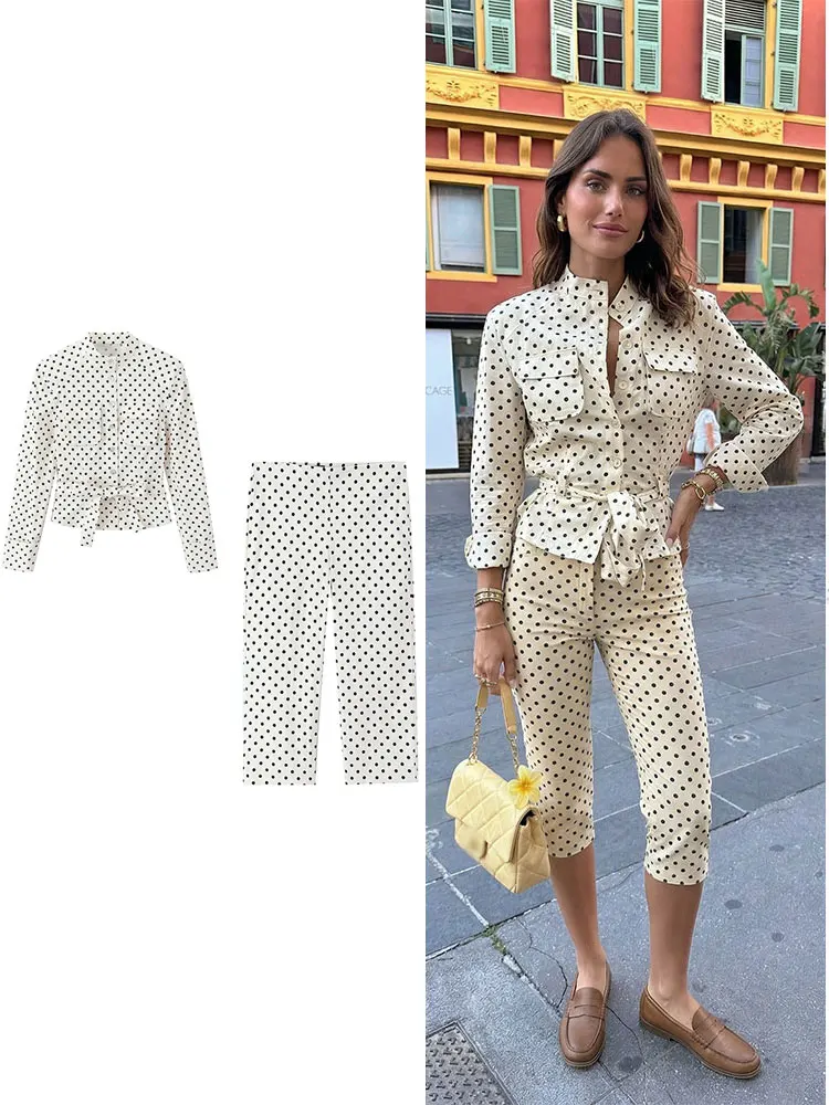 HH Damen 2-Teiliges Outfit Langarm-Bluse mit Seitenreißverschluss Hochgeschnittene Schlanke Hose Lässiges Elegantes Strand-Urlaubs-Set mit Polka Dots