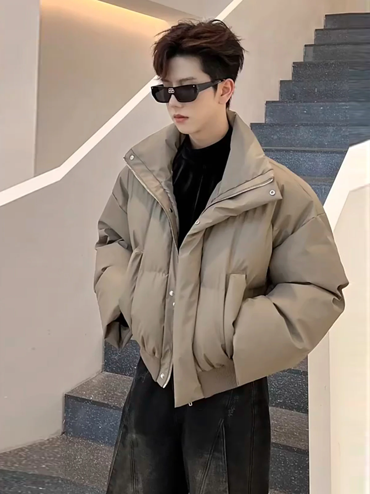 

Retro American Sle ort Puffer Jaet Men's Winter New Faion PU Leather Stand Collar Bread Design Cotton Coat Outerwear