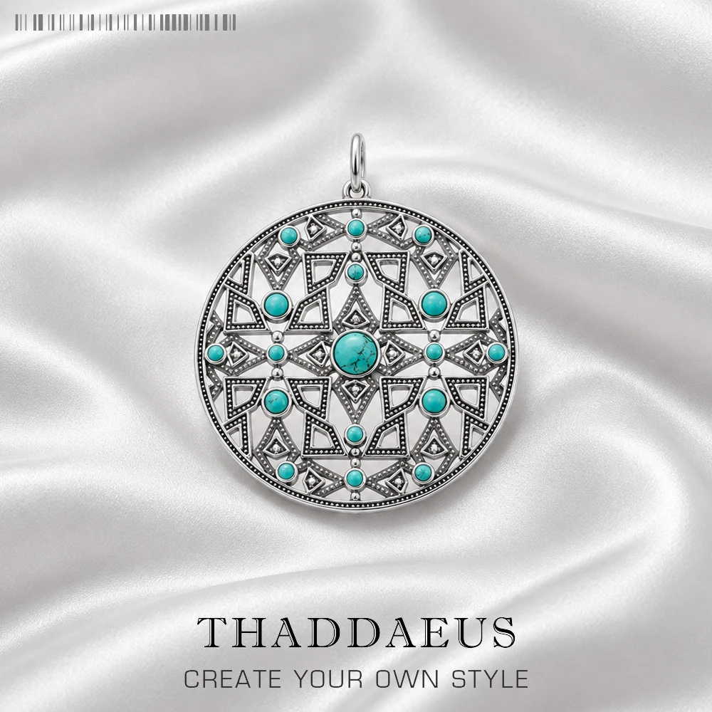 Blue Stone Round Ornament Pendant Brand New Jewelry Vintage 925 Sterling Silver Accessories Gift For Women