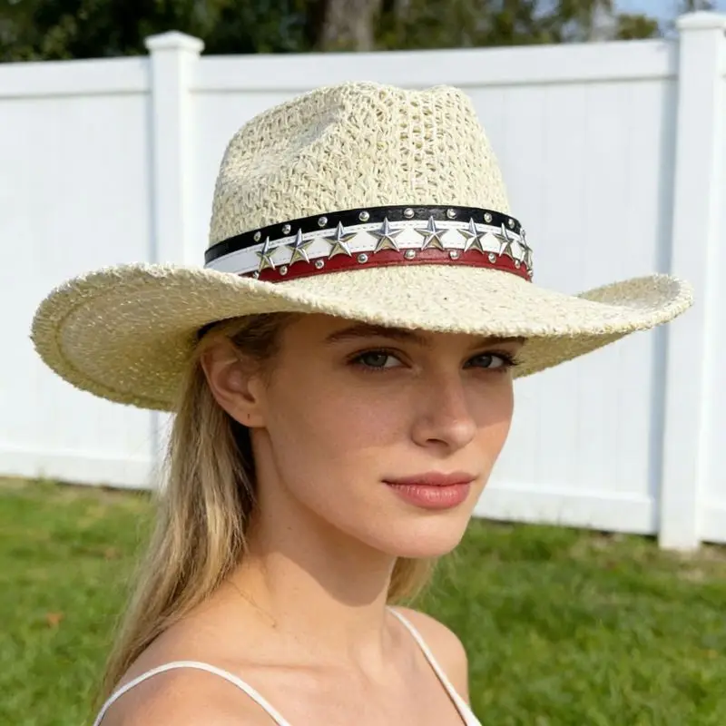 Hand-woven, openwork , cowboy- straw , jazz , ethnic-style , sun-protective beach hat, breathable and