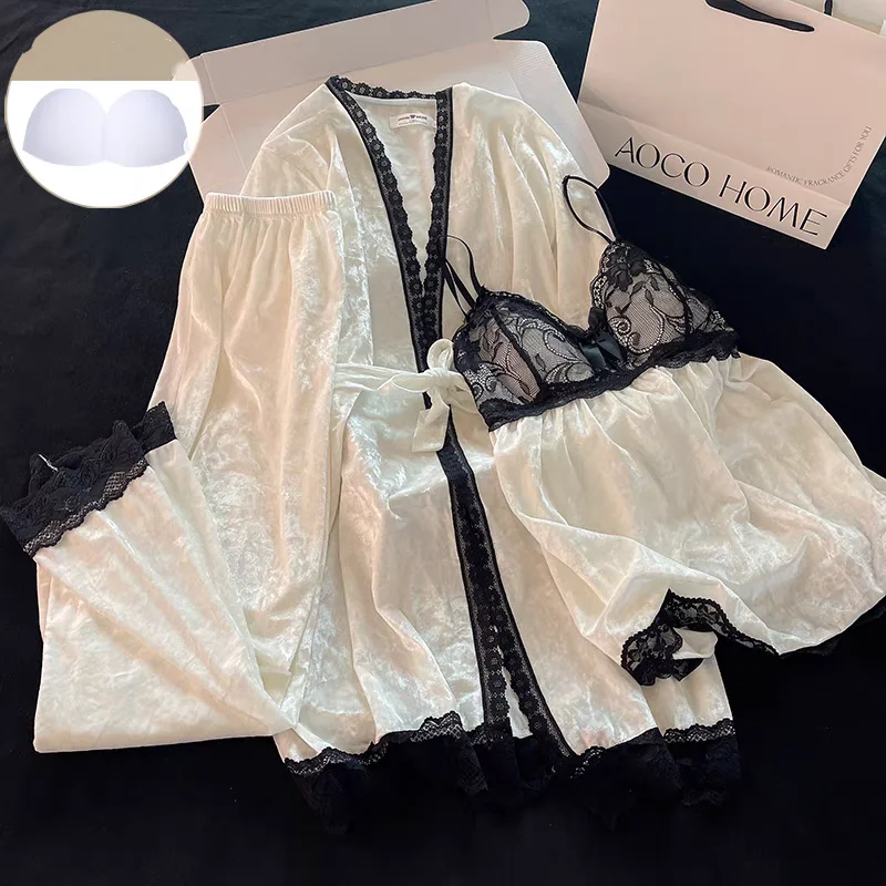 Velvet 3PCS Pajamas Set Sleepwear White Lace Patchwork Loungewear Warm Women Home Clothes Loose Nightwear Cami&pants&bathrobe