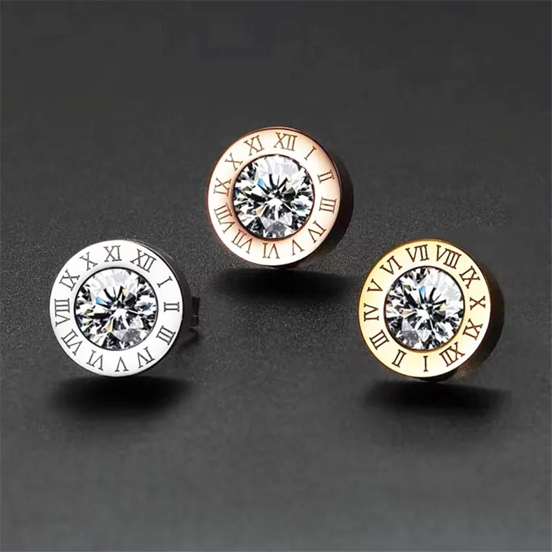 316L Stainless Steel 3 Pairs Large Crystal Laser Roman Numerals Stud Earring Set Women\'s Jewelry Gift Romantic And Elegant