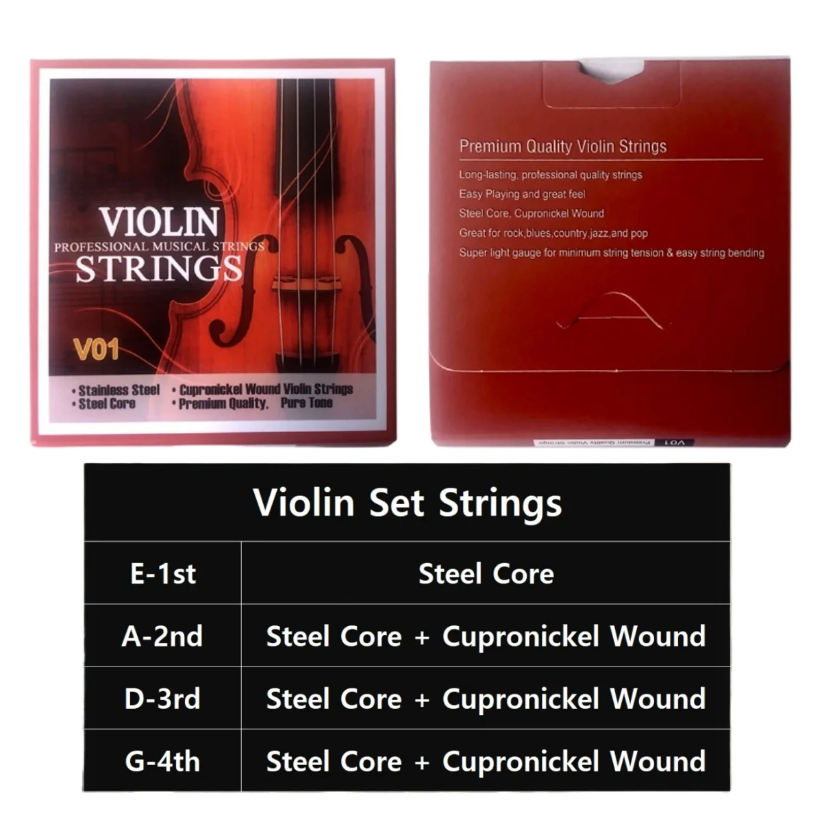 1Set/4 String V01 Violin Strings Universal (G-D-A-E) Imported Steel Core Silver Winding String Medium Gauge - Violin Strings image 3