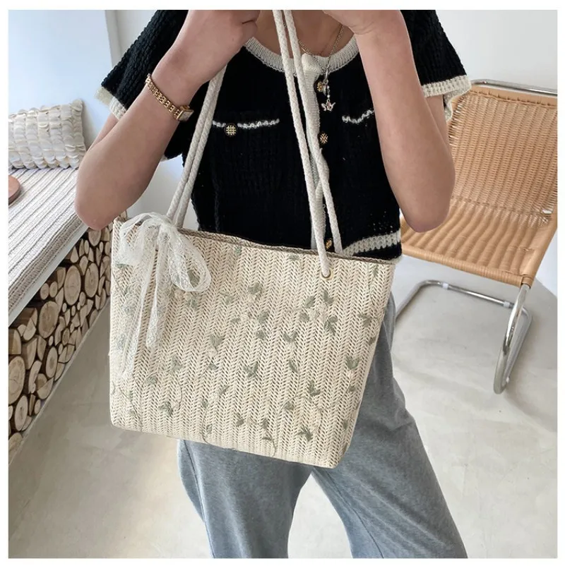 Women Summer Luxury Designer Handbag Picnic Bags Fashion Woven Bag Handbags For Female Portable Bucket Bag 2024 New