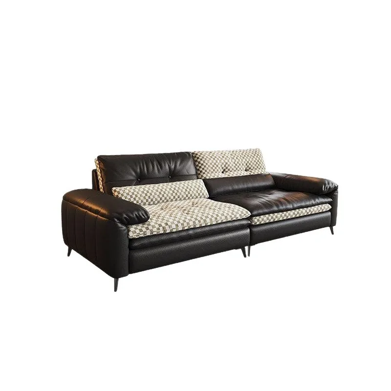 French antique leather burger sofa, straight-lined two-sided leather cloth resting on the bag leather sofa