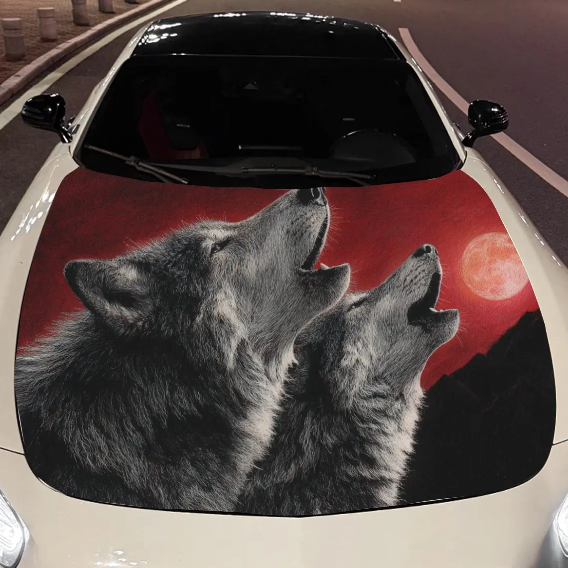 

Car Decals Two Wolves Howling Under A Red - Hued Sky With The Moon Car Hood Sticker, Waterproof Self - Adhesive Vinyl Graphics D