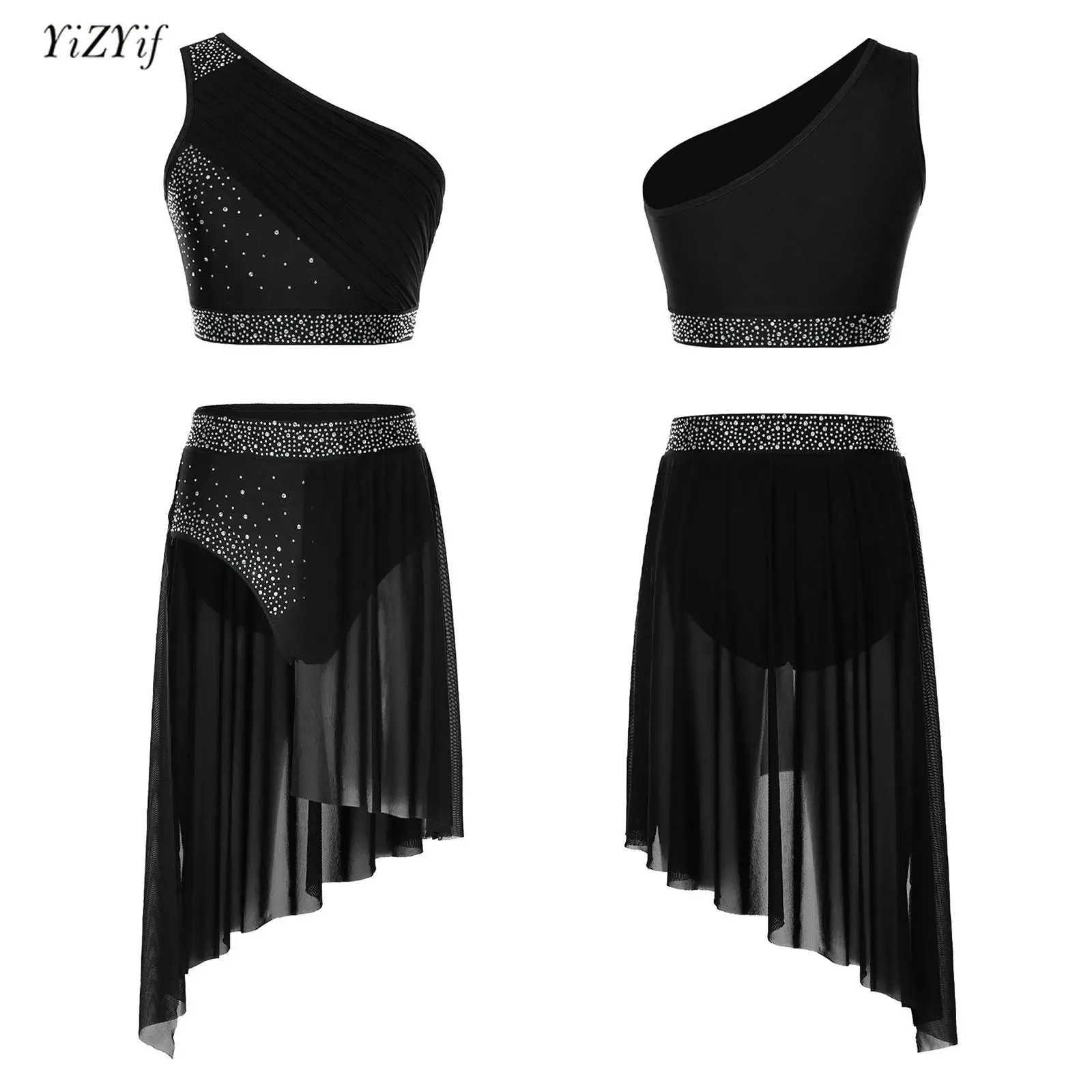 

Womens Lyrical Dance Costume Adult Modern Dancewear One Shoulder Ruched Mesh Overlay Rhinestones Crop Top+Irregular Hem Skirt