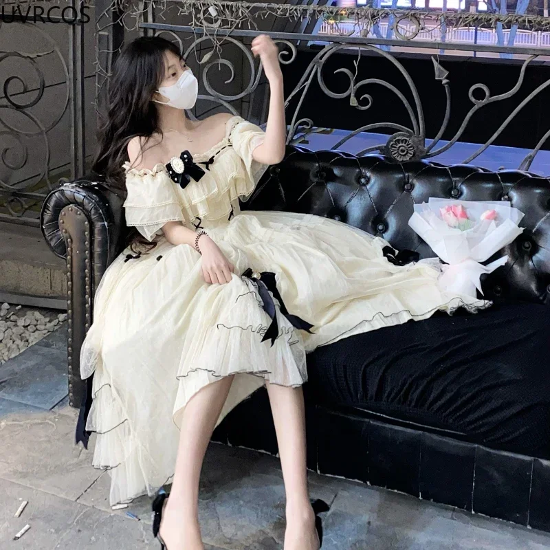 Vintage Elegant Lolita Dress Women 2023 Sweet Bow High Waist Fairy Party Dresses Summer Cosplay Costumes French Princess Dresses