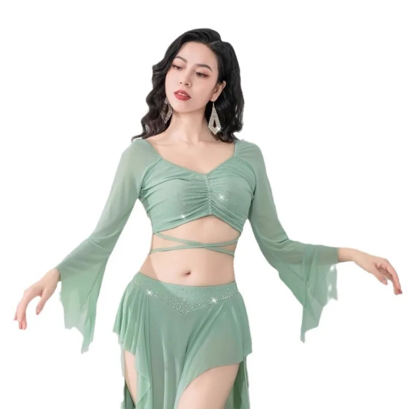 Belly Dance Practice Clothes Women Oriental Dancer Stage Performance Wear Blue Green Purple Top Long Skirt Set Chiffon Outfit