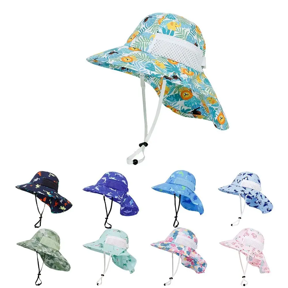 

Wide Brim Kids Bucket Hat Adjustable Breathable Beach Hat with Shawl Dinosaur Printed Toddler Baby Sun Hat for Boys and Girls