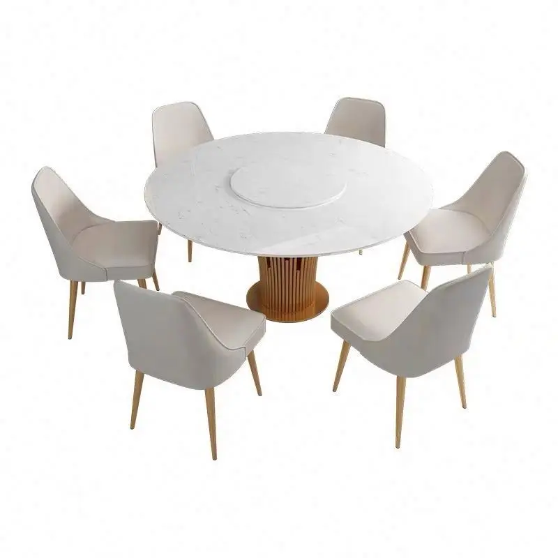 &c Simple Luxury Round Metal Material Household Rotary Marble Glass Dining Table