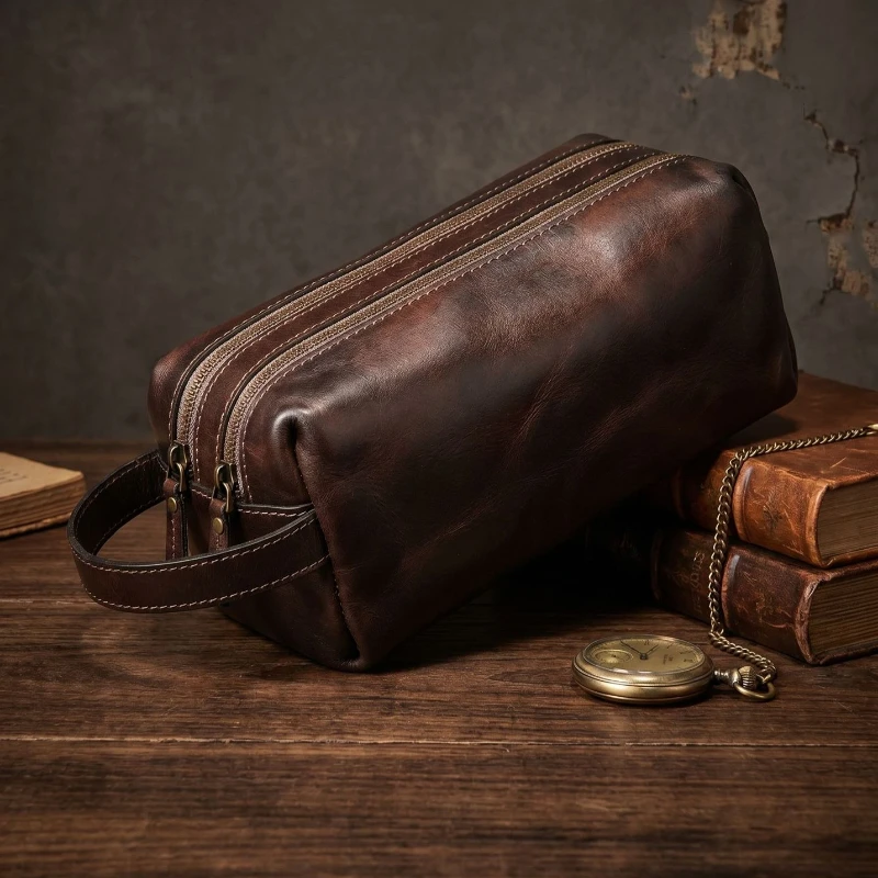 Top Grain Cowhide Leather Dopp Kit, Premium Vintage Travel Toiletry Bag with Reinforced Stitching, Luxury Cosmetic Organizer Bag