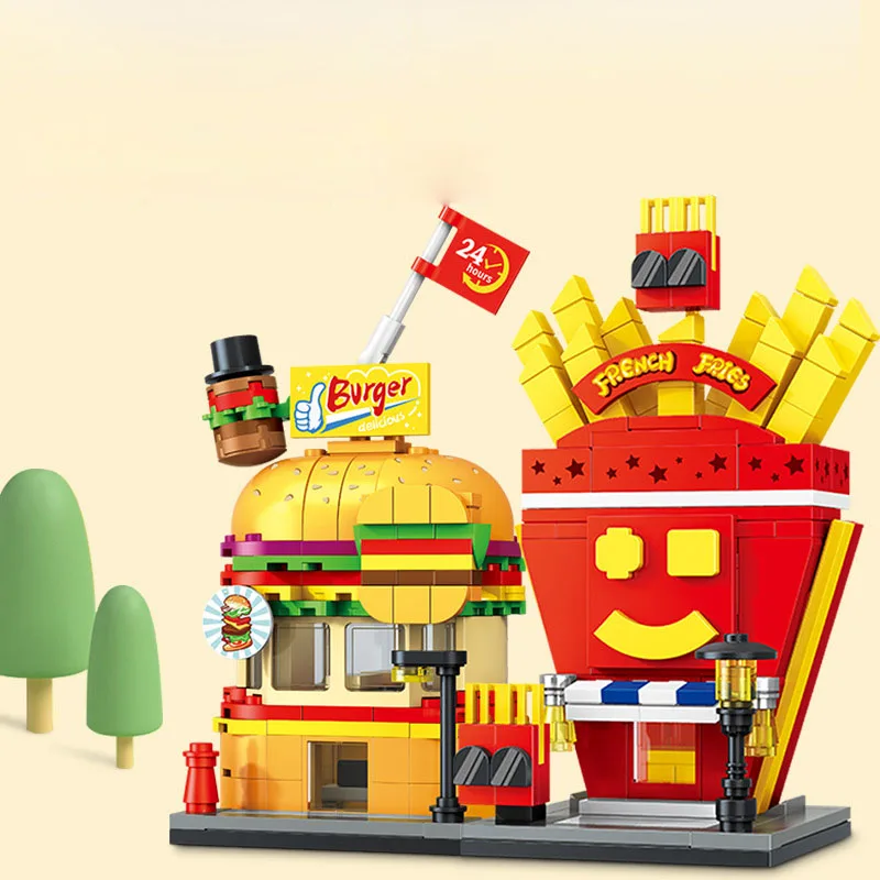 Hamburger French Fries Perfume Soda Shop Coffee House Pizzeria Brand Bag Candy Store Building Block City Street View Brick Toys