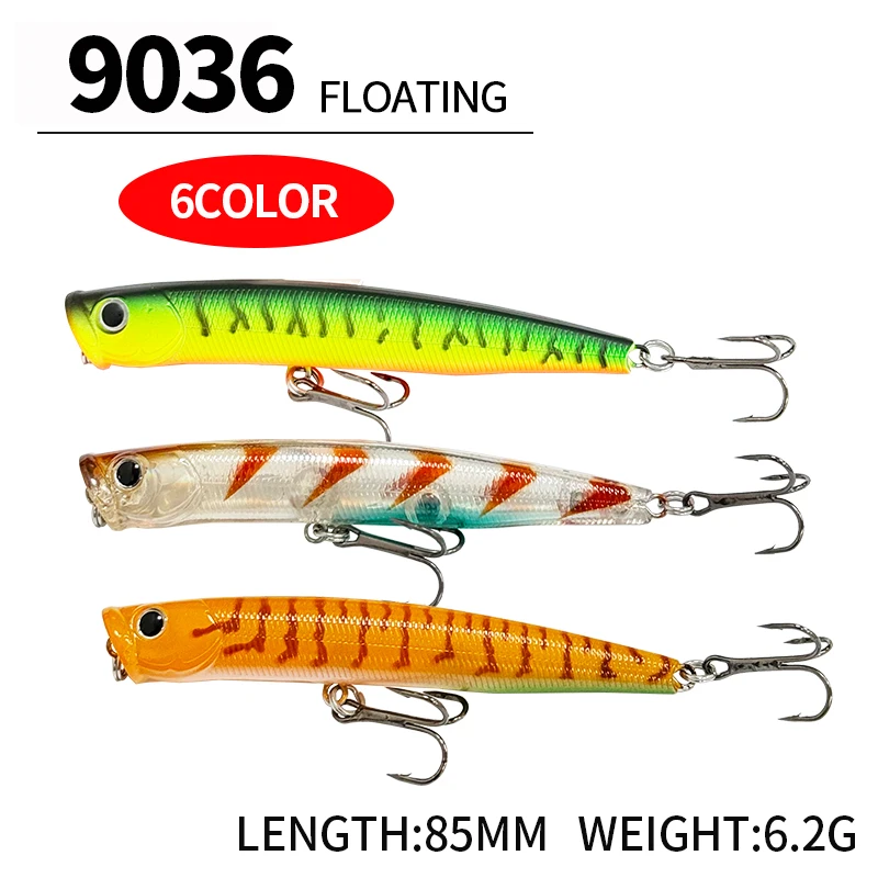 

6.2g 85mm Topwater Poppers Fishing Lures Cup Mouth Surface Artificial Hard Bait for Seabass Pike Pesca Wobblers Fishing Supplies