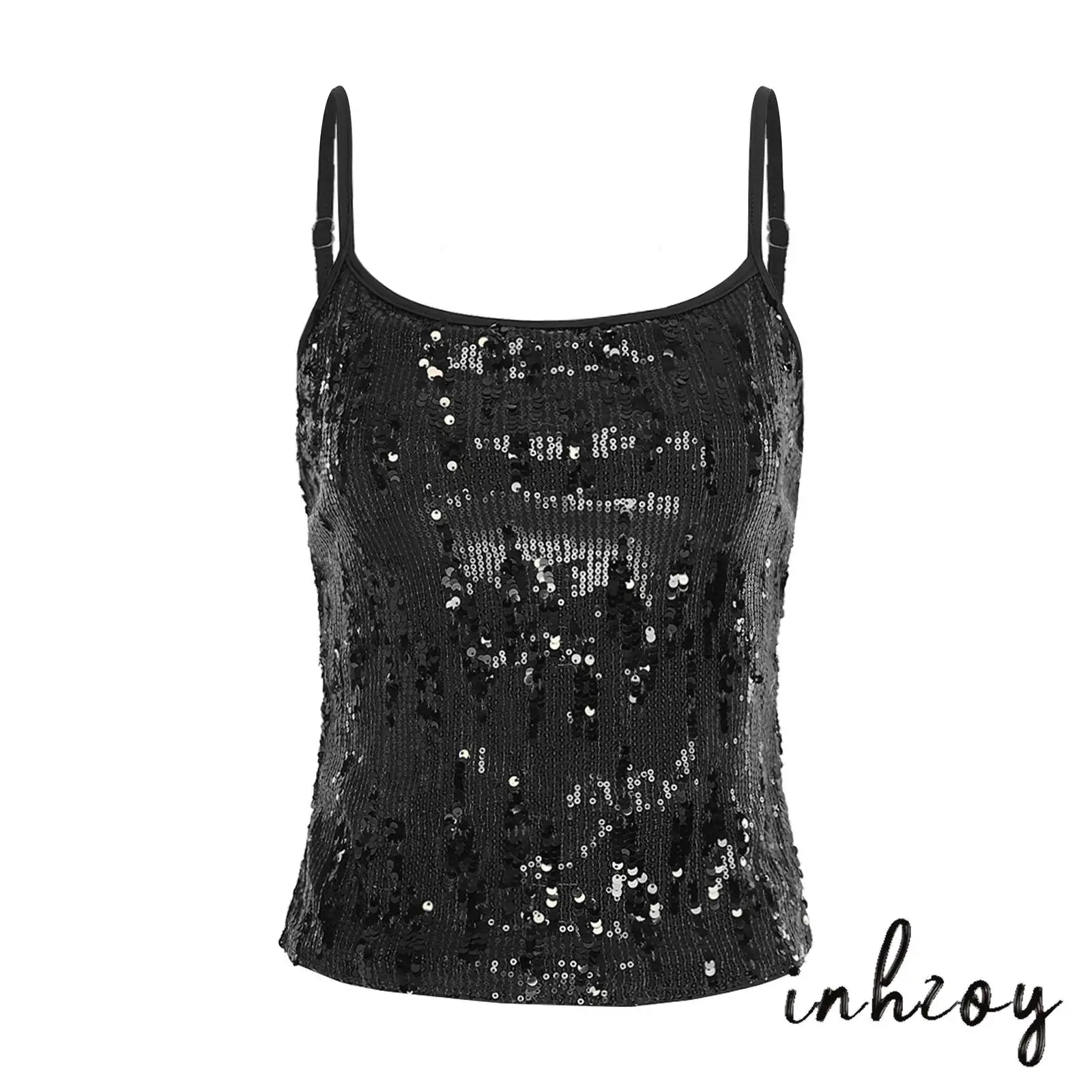 

Womens Glittery Camisole Allover Sequin Adjustable Spaghetti Straps Crop Tank Top Stylish Vest Elegant Casual Club Party Costume