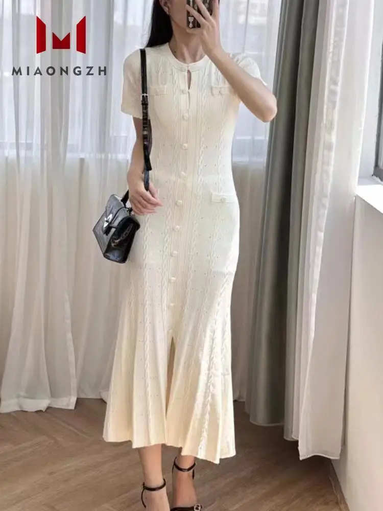 

2024 Summer Autumn Knitted Dresses Women's O Neck Single Breasted Hollow Out Short Sleeve Solid Ruffle Dress New Female Clothing